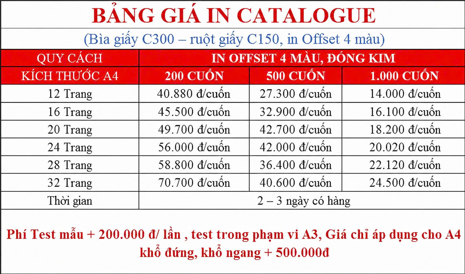 BẢNG GIÁ IN CATALOGUE